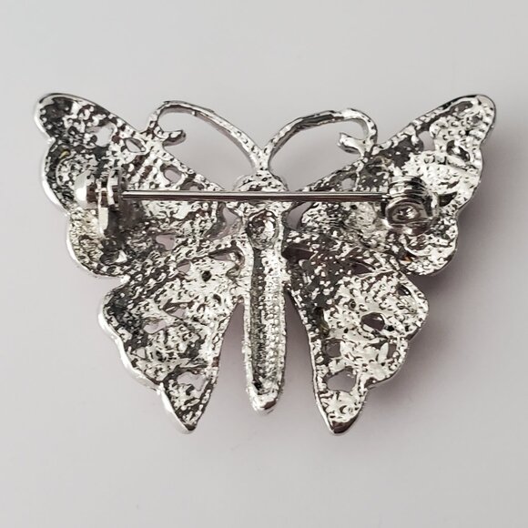 Small Silver & Red Stones Butterfly Brooch Iridescence Cute Nature Feminine - Picture 5 of 5